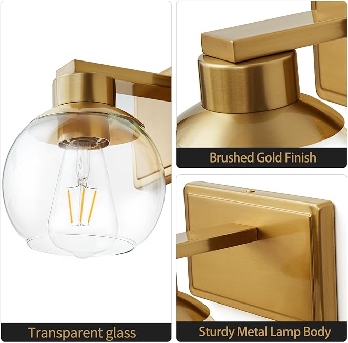 Brushed Brass Bathroom Sconces Set of 2, Gold Wall Sconces Set of Two, Bathroom Vanity Light with Clear Glass Shade, Modern Wall Light Fixtures for Bath Mirror Hallway Bedroom Living Room, Hardwired