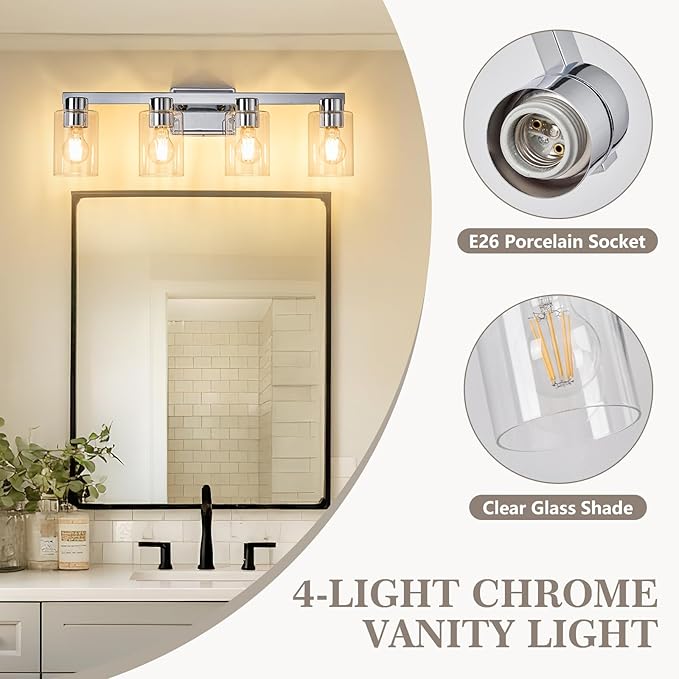 4-Light Bathroom Light Fixtures Modern Chrome Vanity Lights with Clear Glass Shade 26 Inch Wall Sconces Over Mirror for Bathroom,Powder Room, Living Room