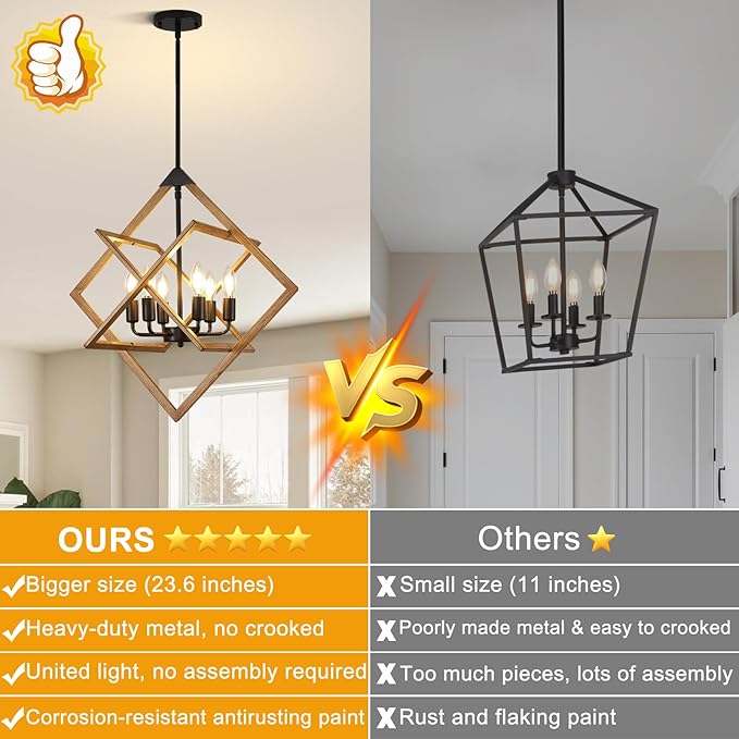 24" Modern Pendant Lights Kitchen Island, 6-Light Black + Wood Grain Farmhouse Pendant Light Fixtures, Industrial Hanging Pendant Lights Fixture for Kitchen Island Dining Room Hallway Foyer Entryway