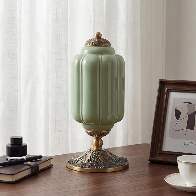 Milk Glass Table Lamp - Modern Farmhouse Design with Antique Brass Finish Base, Green Desk Light for Living Room & Bedroom Decor (Green 15")