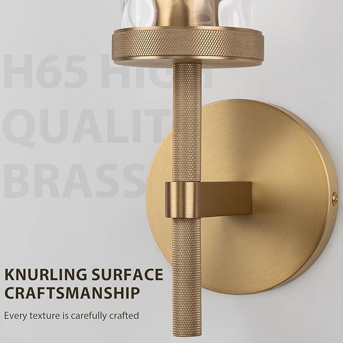 15" Knurled Brass Wall Sconce with Water Ripples Glass Tube, Gold Bathroom Vanity Light Fixtures, Modern Lamp Lighting for Bedroom, Living Room, Hallway, Staircase, Mirror, Kitchen