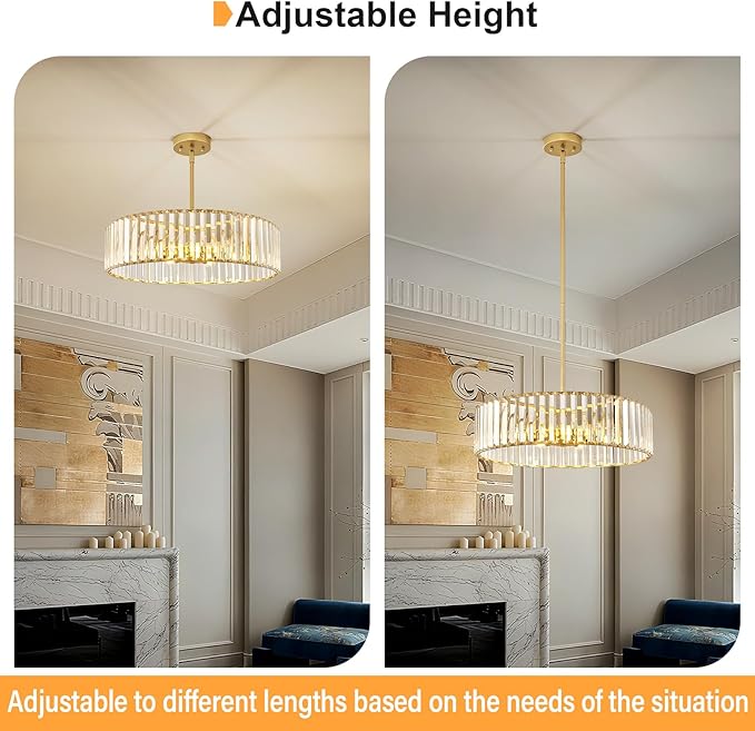 Glod Crystal Ceiling Light Fixture, Modern Semi Flush Chandelier, Round Hanging Lighting Chandeliers for Dining Room, Kitchen, Bedroom, 6-Light, 19.68 Inch