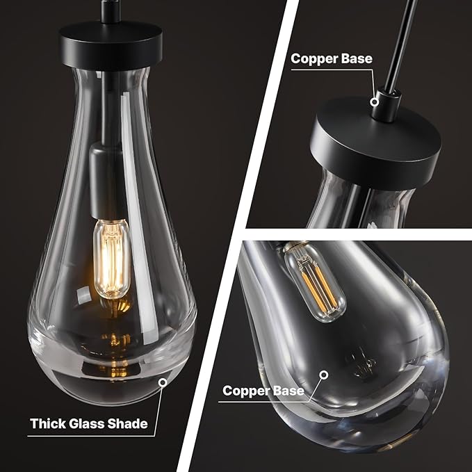 Raindrop Pendant Lights Kitchen Island: Set of 2 Rain Crystal Black Teardrop Hanging Light Fixtures over Dining Table - Modern Glass Tear Drop Ceiling Pendants Chandelier Bar Bedroom Bathroom Lighting