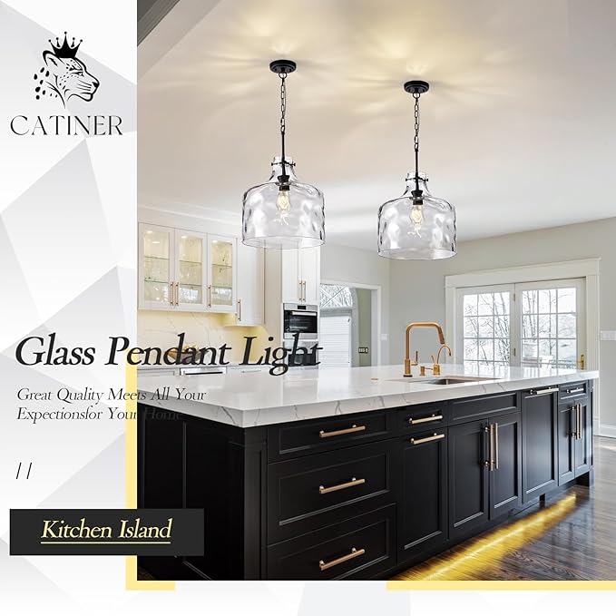 CATINER Extra Large 16" Vintage Farmhouse Pendant Light – Hand-Blown Clear Hammered Glass Shade, Adjustable Chain, Hanging Light for Kitchen Island, Dining Room, Hallway, Black Finish
