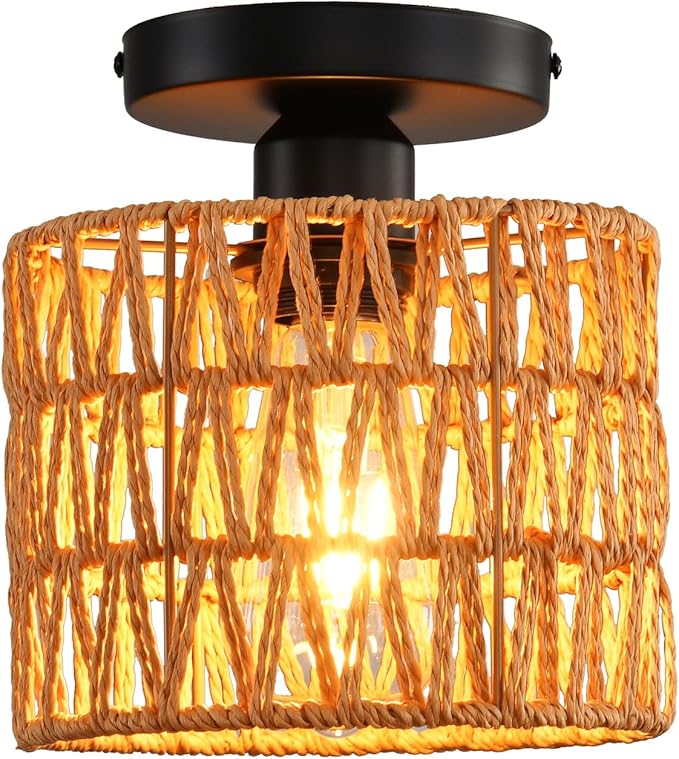 Ceiling Light Fixture,Hand-Woven Rattan Flush Mount Ceiling Light,Farmhouse Light Fixtures Ceiling Mount Boho for Hallway Bedroom Kitchen Entryway Living Room