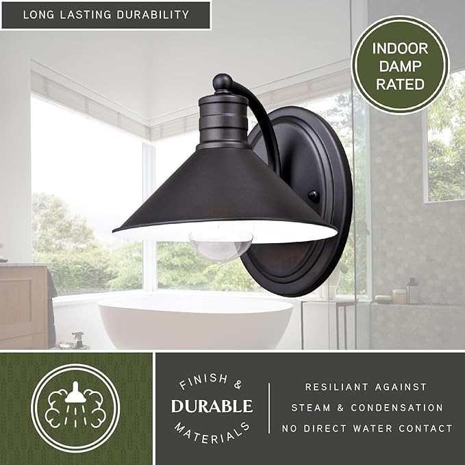VAXCEL Akron 1-Light 8 inch Wide Oil Rubbed Bronze and Matte White Farmhouse Bathroom Vanity Lighting Fixture, Metal Shade, Dimmable, LED Compatible, Wall Mounted Steel Sconce