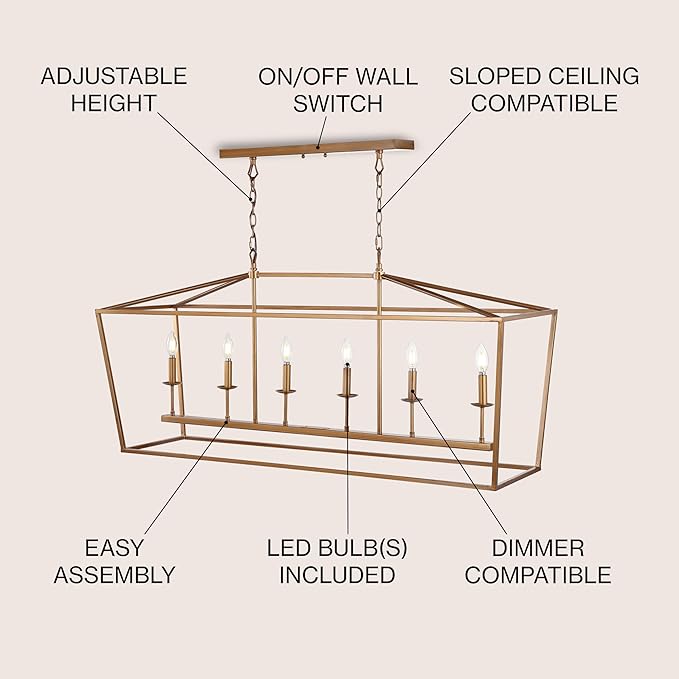 JONATHAN Y 49" Antique Gold Lantern Pendant Light, 6-Light Pagoda Style Metal Cage Farmhouse Hanging Ceiling Fixture for Kitchen Island, LED Bulb Included (JYL7439B)