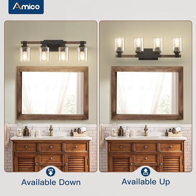 Amico Farmhouse Bathroom Vanity Light Fixtures,Rustic 4-Light Industrial Painted Wood Lights,Vintage Black Wall Sconces Bathroom Vanity Lighting with Bubble Glass Shade