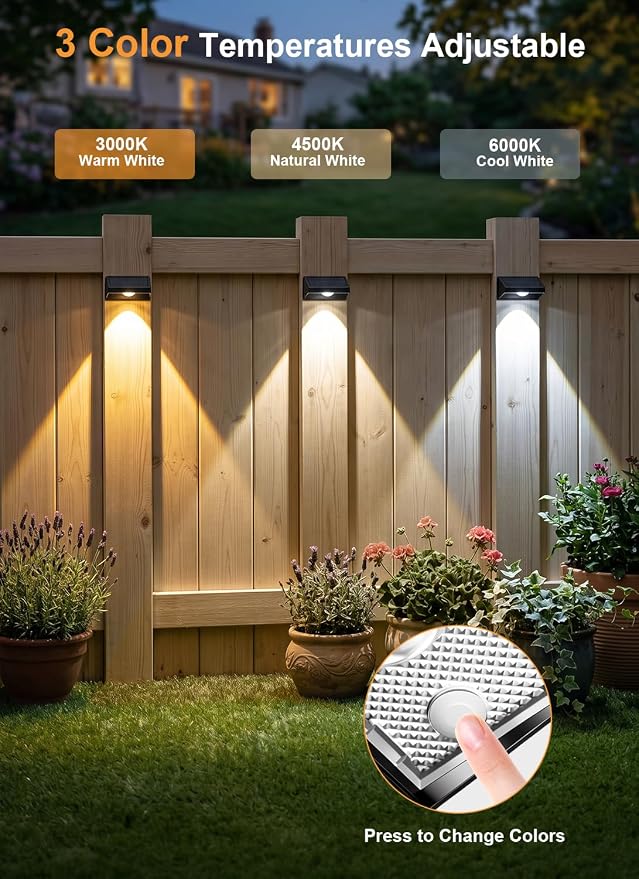 Solar Fence Lights Outdoor, 3000/4500/6000K 3 Mode 12Pack Fence Lights Solar Powered Ultra-Bright LED Lens IP65 Waterproof Solar Patio Lights for Outside,Deck/Flood/Backyard/Yard /Step/Railings/Wall
