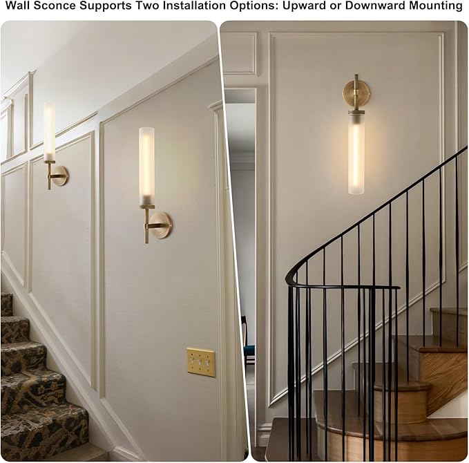 Brass Hardwired Frosted Glass Bathroom Wall Sconces 2 Pack, Modern 20'' Indoor Knurled Wall Sconce, Glass Vanity Light, for Living, Bedroom, Hallway, Staircases,Bulb Included