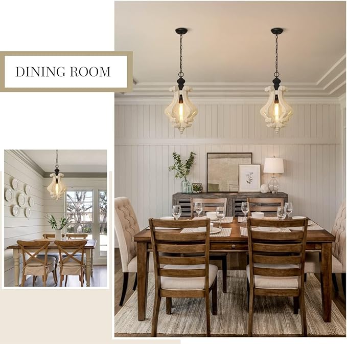 12.4" French Country Wood Pendant Light Mini Modern Vintage Farmhouse Distressed Wooden Pendant Light Modern Rustic Pendant Light for Kitchen Island, Dining Room, Bedroom, Hallway, Entryway