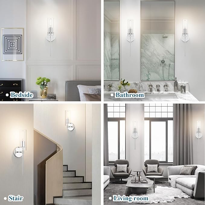 Wall Sconce Set of 2 Chrome Wall Light, Farmhouse Vanity Light Fixture Modern Indoor Wall Light with Clear Glass Shade for Bathroom Bedroom Living Room Hallway Vanity