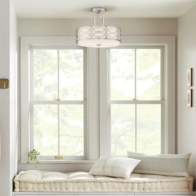 Kira Home Sienna 15" 3Modern Lattice Drum Semi-Flush Mount, 3-Light Silver Ceiling Light with White Linen Shade & Glass Diffuser, Brushed Nickel Finish