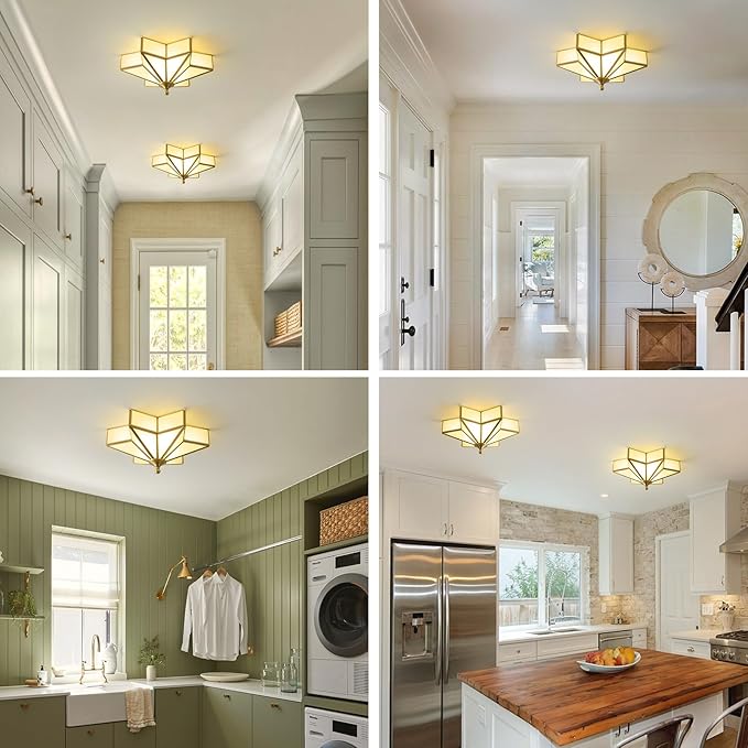 Star Brass Glass Ceiling Light - Small 12 Inch Gold Milk Flush Mount Fixture - Unique Art Deco Vintage Modern Lighting Lights for Bedroom Dining Foyer Entryway Hall Hallway Outdoor Porch