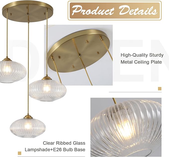 3 Light Pendant Lighting Clear Glass Cluster Pendant Lights Kitchen Island Modern Retro Adjustable Brushed Gold Hanging Light Fixtures Brass Cluster Chandelier for Bedroom Living Room MPL30-3D