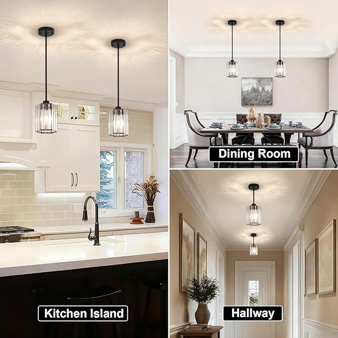 Crystal Pendant Lights Kitchen Island, 2 Pack Modern Black Kitchen Pendant Light Fixtures, Small Hexagonal Crystal Hanging Lights for Kitchen Island, Dining Room, Hallway, Foyer, Entryways