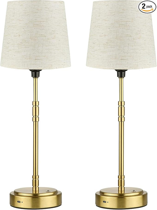 Cordless Table Lamps Set of 2 – Battery Operated Lamp with 7500mAh Rechargeable Battery, Stepless Dimmable Brushed Gold Lamps with Beige Shade, Wireless Lamps for Dining Room(Bulbs Included)