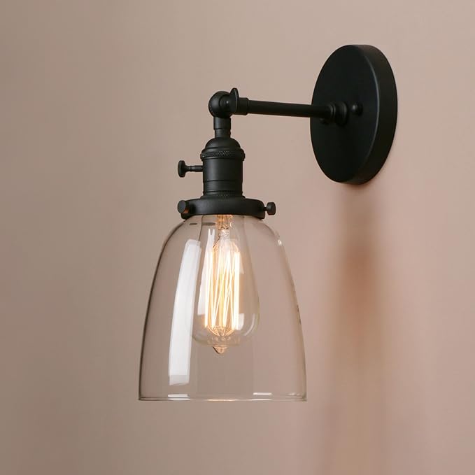 Pathson Loft Vintage Wall Light Dia 5.6" Wall Lamp with Oval Clear Glass Shade Design Vintage Industrial Home Wall Light Metal Base Cap Fixture Flush Mount Wall Sconce (Matte Black)