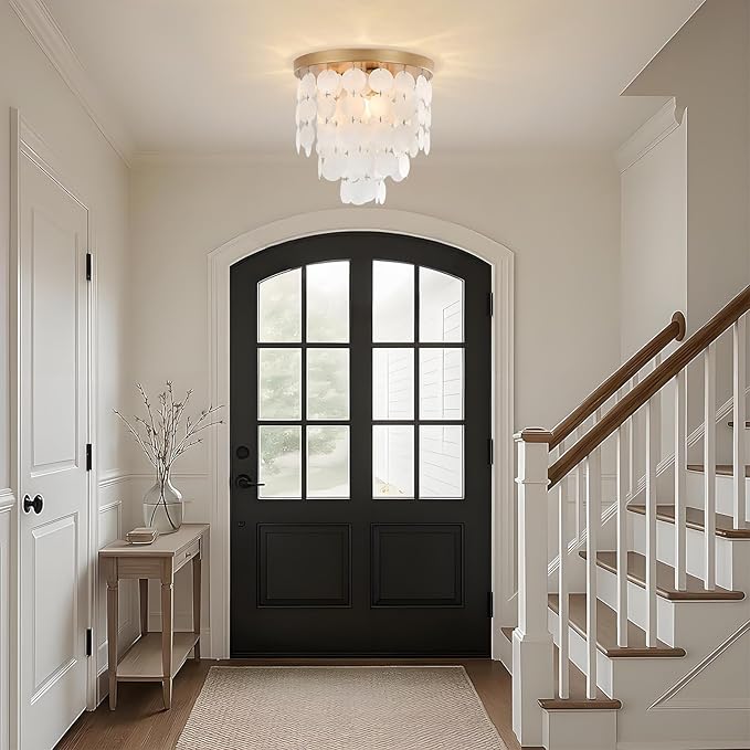 Capiz Shell Flush Mount Ceiling Light Fixture, 11.8" Gold Modern Chandelier for Bedroom, Living Room, Bathroom, Kitchen, Dining Room, Hallway, Entryway, Nursery, Closet Dimmable Coastal Lighting