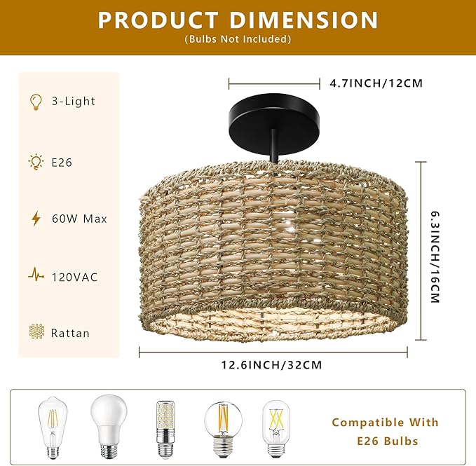Boho Light Fixtures Ceiling Mount, 12.6" Rattan Ceiling Lights, 3-Light Hand Woven Semi Flush Mount Ceiling Light Fixture, Farmhouse Wicker Ceiling Lights for Bedroom Hallway Entryway Kitchen