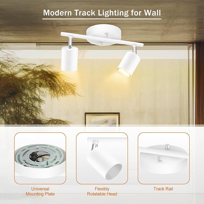 Track Lighting Fixture Ceiling White, Modern LED Track Lights Kit, 2 Lights Ceiling Lighting for Kitchen, Rotatable Spotlight Heads, Wall Mount Spot Lighting for Island/Bedroom(GU10 Socket, NO Bulb)