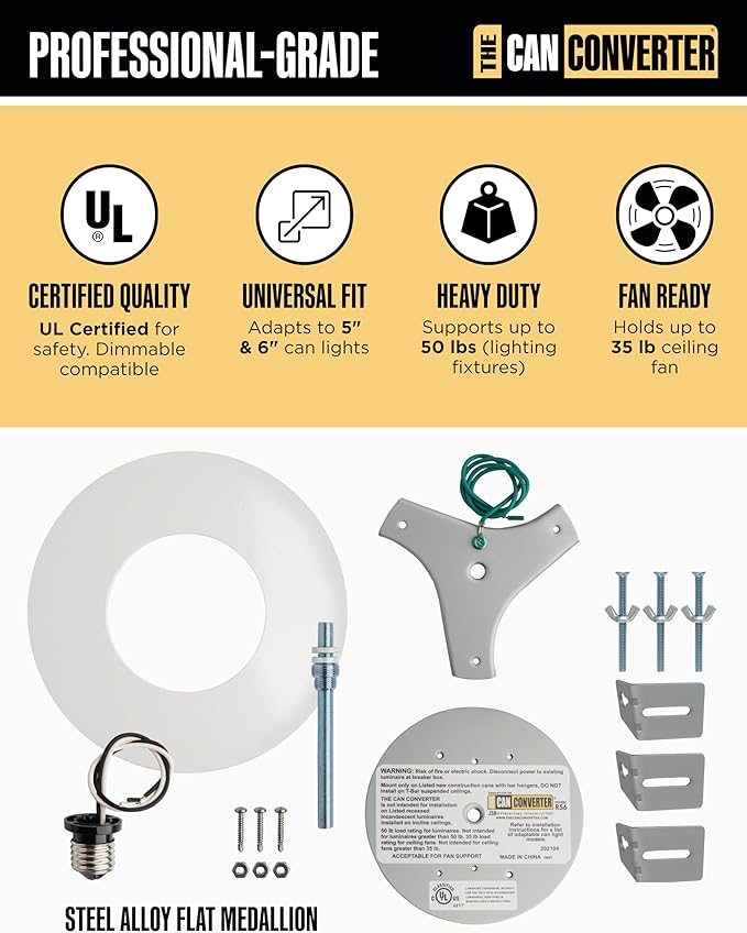 The Can Converter R56 Recessed Can Light Conversion Kit w/ 7"¾ Flat Steel Ceiling Medallion - Home Improvement for 5" & 6" Cans, Converter Kit for Ceiling Fan & Light Fixture, UL Certified, White