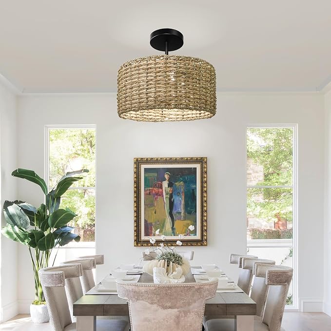 Boho Light Fixtures Ceiling Mount, 12.6" Rattan Ceiling Lights, 3-Light Hand Woven Semi Flush Mount Ceiling Light Fixture, Farmhouse Wicker Ceiling Lights for Bedroom Hallway Entryway Kitchen