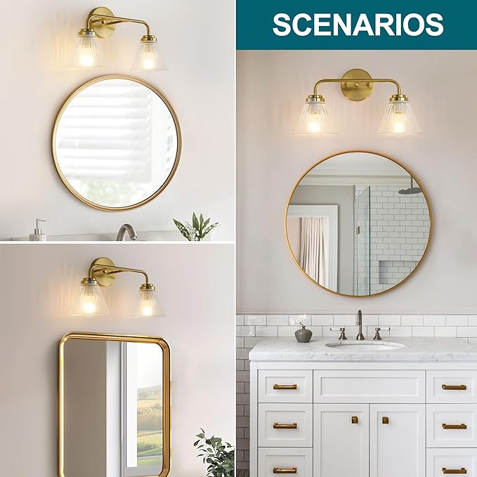 Modern Bronze Bathroom Vanity Light, 2-Light Wall Sconce with Clear Ribbed Glass Shades, Farmhouse Industrial Light Fixture for Bathroom, Vanity Mirror, Powder Room, Hallway (bronze, Eletroplate, 2)