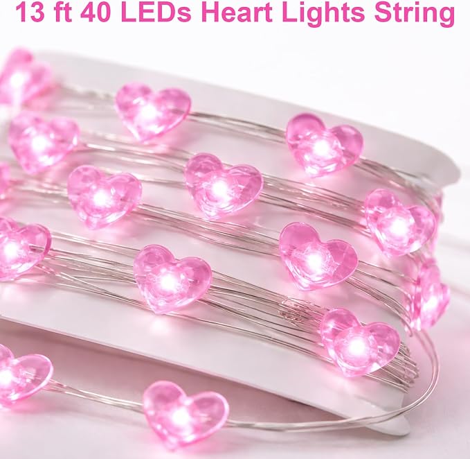 BOHON Valentine Day Decorations, 13 ft 40 LEDs Pink Heart Lights String | Fairy String Lights Battery Operated, Valentine Decor for The Home Indoor Garland Party Galentines Day Decorations Pink
