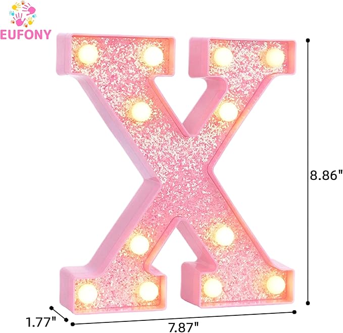 Pink Marquee Light Up Letters, Glitter Alphabet LED Letter Lights for Pink Birthday Party Decorations, Battery Operated Letter Sign for Girls Room Vanity Table Decor, Warm White Lights Letter X