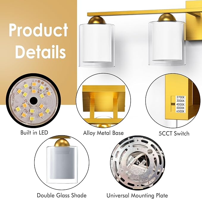 Quntis Gold Bathroom Light Fixtures, 4 Light Modern Vanity Lights Over Mirror, 5 Colors & Stepless Dimmable LED Bathroom Lighting with Milk White Frosted Glass, 27 Inch (Bulbs Included)