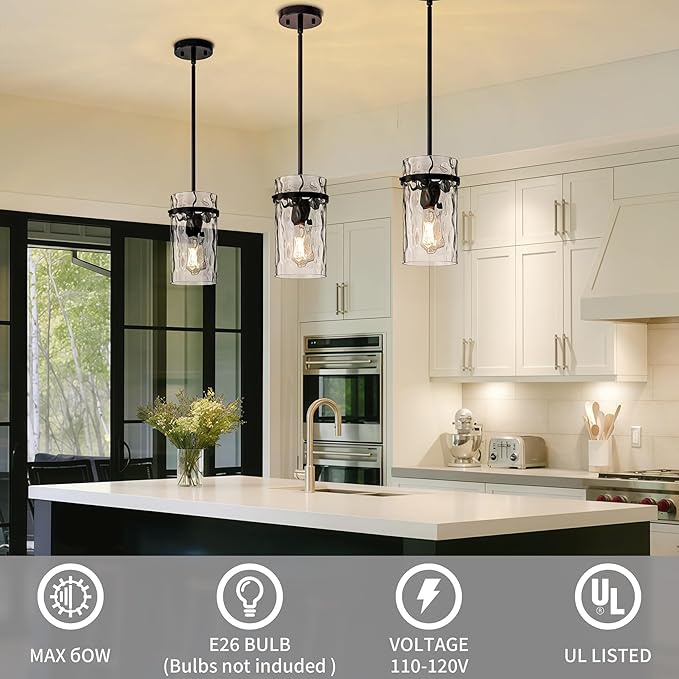 2 Pack 5.5" Black Hammered Hand-Blown Glass Pendant Light Farmhouse Black Pendant Light, Hammered Glass Pendant Light Fixtures Dining Room Light Adjustable Pendant Lighting Over Sink