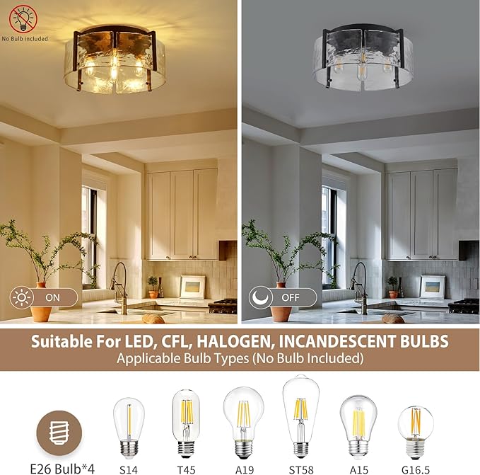 17.3“ Semi Flush Mount Ceiling Light Fixture, Black 4-Light Modern Water Ripple Chandelier Glass Light Fixture for Entryway Hallway Kitchen Island Dining Room Foyer Bedroom Laundry Hallway