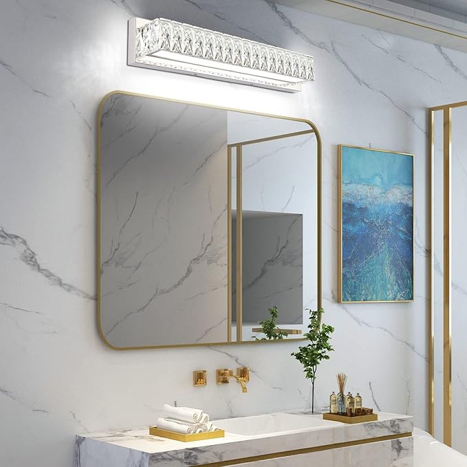 ZUZITO Crystal Bathroom Light Fixtures Over Mirror, 22.8in Modern LED Vanity Lights for Bath, Chrome Stainless Steel Bathroom Lighting, 6000K Bright White Light