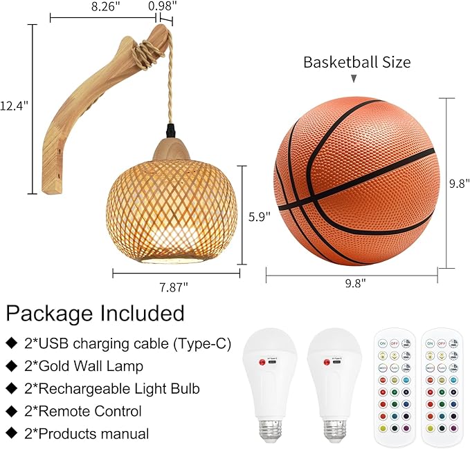 Frideko Boho Rechargeable Battery Operated Wall Sconces Set of Two with Remote, RGB 15 Colors Dimmable Wireless Wall Light, Bamboo Indoor Wall Lamp with 3 Timer, Rattan Wall Lighting for Bedroom
