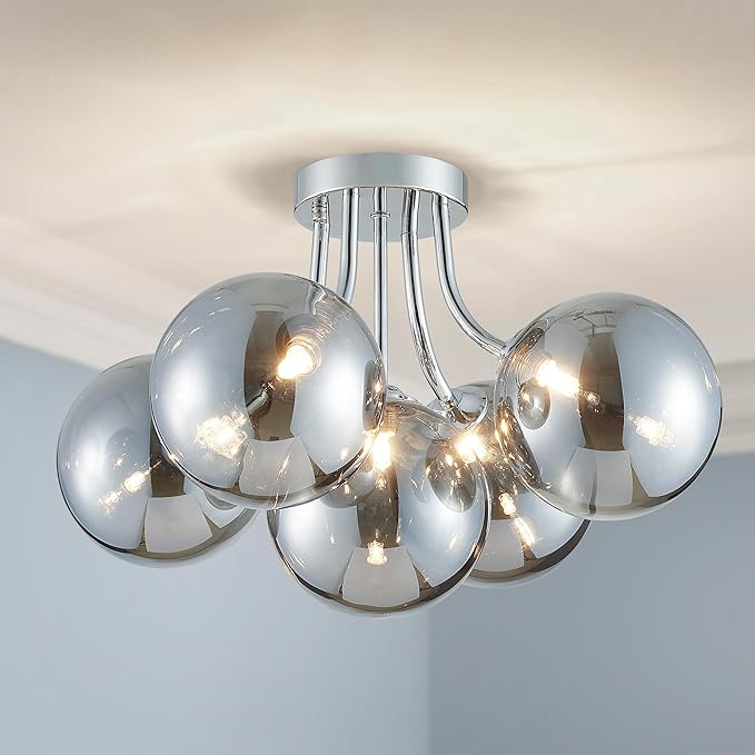 AGV LIGHTING Modern Flush Mount Ceiling Light Fixture, 5-Light Chrome Ceiling Light with Silver Glass Globe Shades, Contemporary Lighting for Bedroom, Living Room, Kitchen, Dining Room