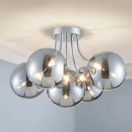 AGV LIGHTING Modern Flush Mount Ceiling Light Fixture, 5-Light Chrome Ceiling Light with Silver Glass Globe Shades, Contemporary Lighting for Bedroom, Living Room, Kitchen, Dining Room