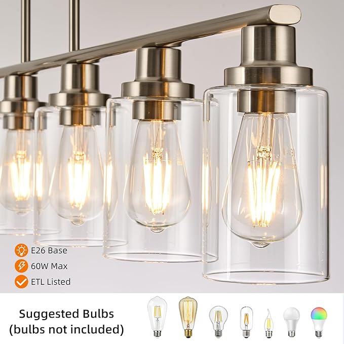 Dining Room Light Fixtures Over Table,6-Light Farmhouse Kitchen Island Lighting,44.3'' Linear Chandelier Pendant Lighting for Kitchen Island for Brushed Nickel Finish with Clear Glass Shade