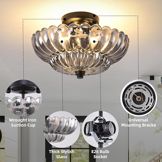 Semi Flush Mount Ceiling Light, 11.8 Inch Black Vintage Hallway Light Fixture with Smoky Gray Glass, Close to Ceiling Light for Bedroom Kitchen Living Room Bathroom Foyer, E26 Base