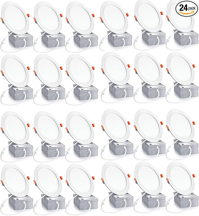 24Pack 6 inch led recessed Light with Junction Box,Can Lights,12W LED Lights,110W Eqv,LED Ceiling Light,Can-Killer Downlight 1050LM High Brightness recessed Lighting(6500K, 6Inch-24Pack)