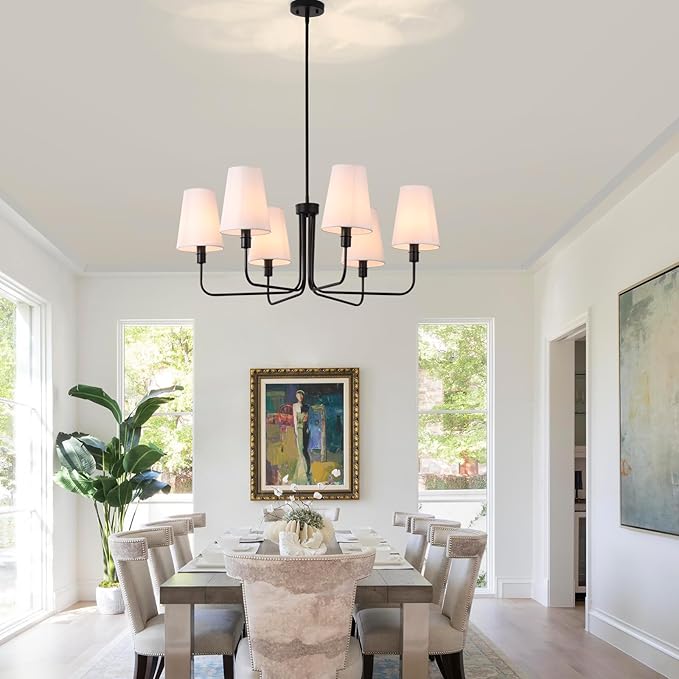Modern Farmhouse Chandelier Black 6-Light 35.4" Mid Century Dining Room Light with Linen Fabric Shade Adjustable Hanging Ceiling Pendant Light for Kitchen Island Dining Table Bedroom, E12