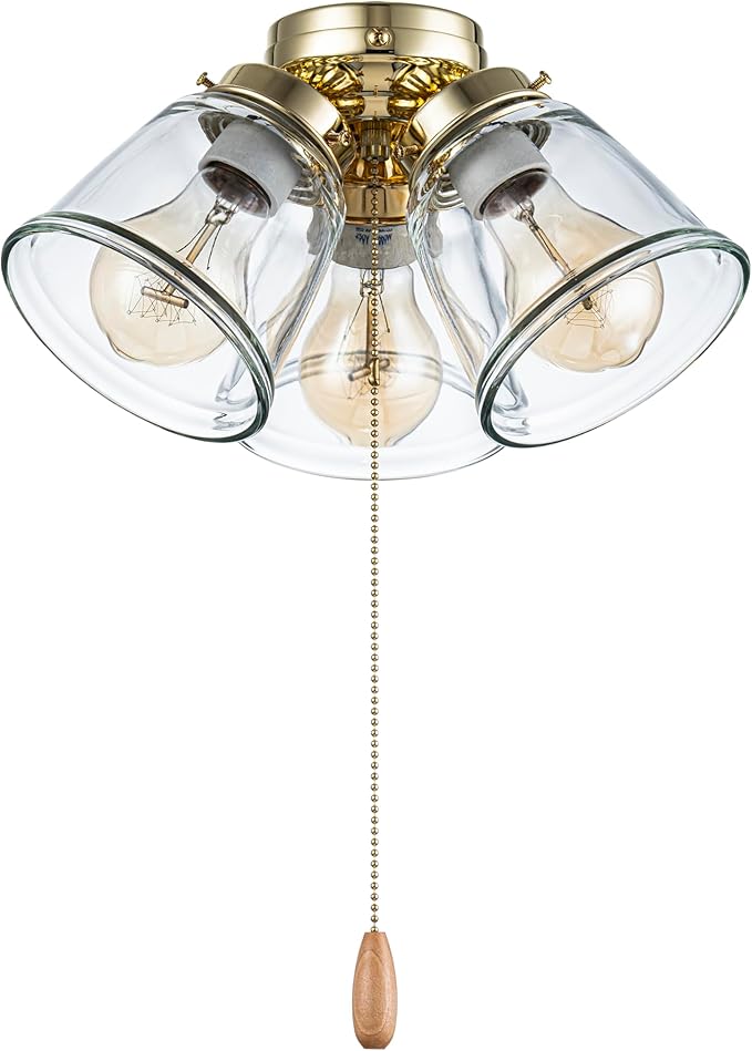 Aspen Creative 22015-1, Three-Light Ceiling Fan Light Kit with Pull Chain, Polished Brass Finish with Clear Glass Shades, 13-1/8" Diameter x 6-3/4" Height