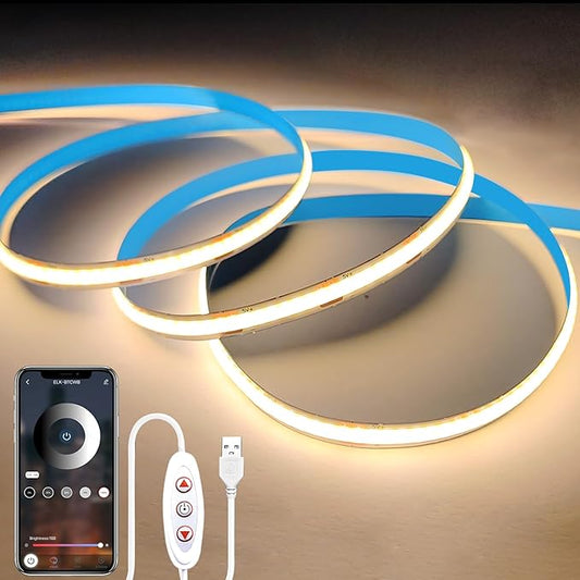3.3FT COB LED Strip Lights，5V USB Powered LED Tape Lights 8mm Width with App Control，3000K Dimmable Warm White Flexible Light Strip TV Backlight for Bedroom Shelf Under Cabinet Kitchen DIY