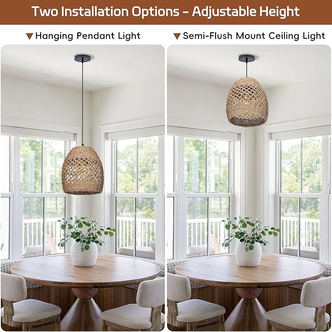 9.8" Boho Rattan Chandelier Light Fixture, 1-Light Hand Woven Wicker Small Pendant Lights Kitchen Island Farmhouse Rustic Hanging Lamp for Dining Room, Bedroom, Living Room, Entryway, Foyer