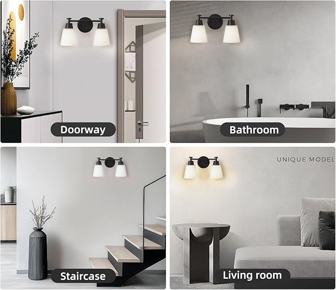 Bathroom Vanity Light, 2 Light Modern Matte Black Stainless Steel Over Mirror Vanity Light Fixture with Frosted Glass, Wall Sconces Lighting for Bedroom Living Room