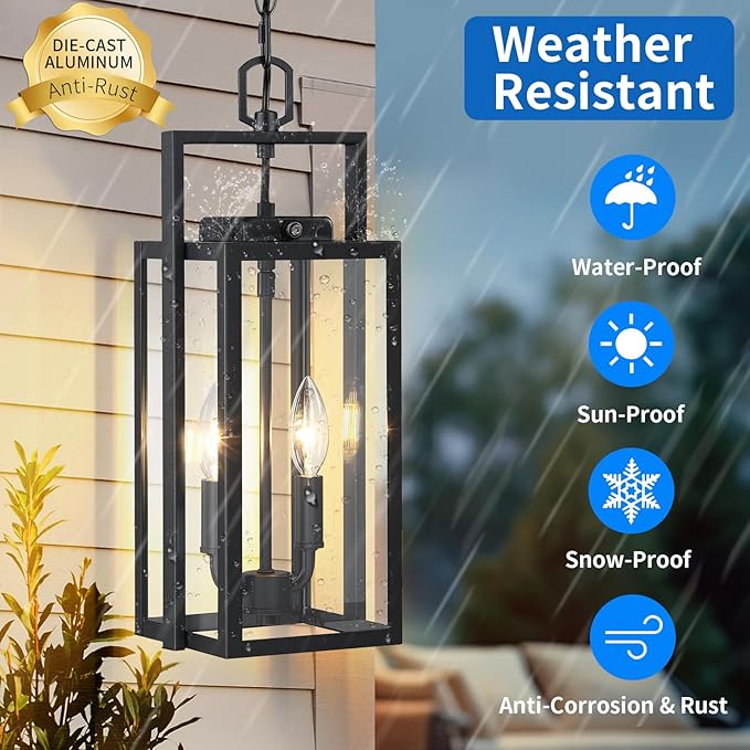17.8'' Large Dusk to Dawn Outdoor Pendant Light 2-Light, Modern Black Metal Outside Chandelier Exterior Hanging Fixture Ceiling Mount with Clear Glass for Front Porch Entrance Entryway, 1 Pack