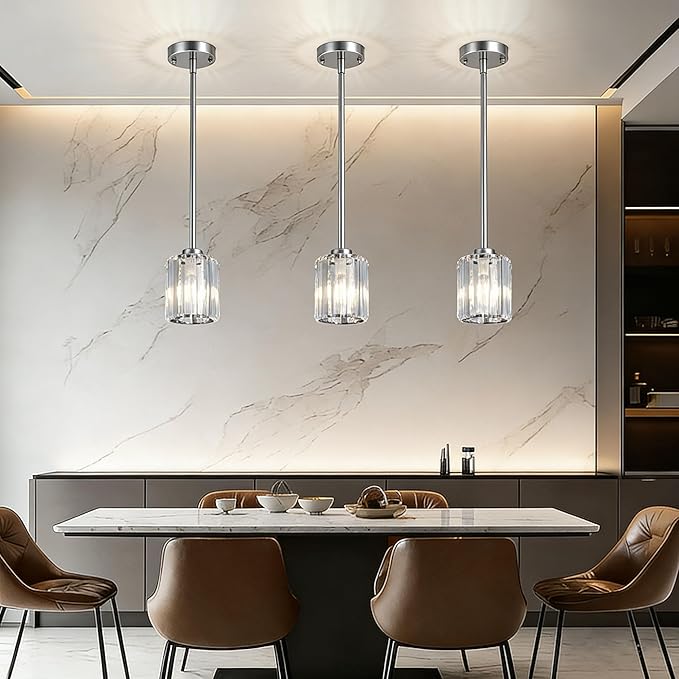 Pendant Lights Kitchen Island 3 Pack, Adjustable High Brushed Nickel Modern Crystal Mini Chandelier Ceiling Hanging Pendant Light Fixtures for Kitchen Hallway Dining Room Bedroom