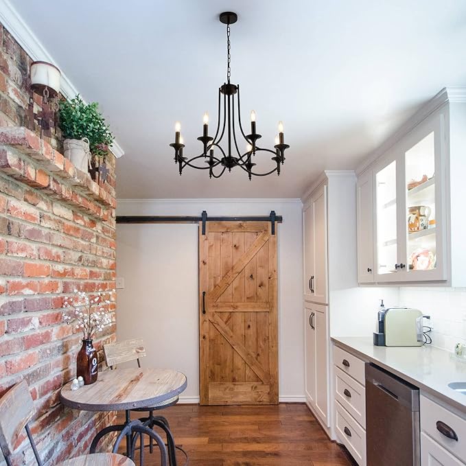 Industrial Candle Chandelier Modern Farmhouse Hanging Pendant Light Fixture with 8-Light Black Iron Classic Rural Candle Ceiling for Dining Room Living Room Bedroom Kitchen Island Foyer