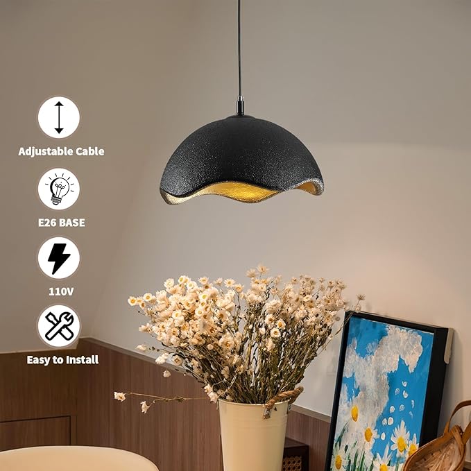 JAYMP 15.7" Modern Pendant Light for Dining Room Kitchen Island Hanging Lamp E26 Base Japanese Wabi-Sabi Style Bird Nest Shape Lighting Fixture, 1 Pack (Black + Gold,D Shape, 40cm/15.7inch)