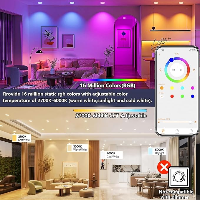 10 Pack LED Recessed Lighting 6 inch, RGBCW Recessed Ceiling Lights Compitable with Alexa, 2700K-6000K Dimmable 1350LM LED Recessed Lights with Junction Box, 16 Million Colors, Timer